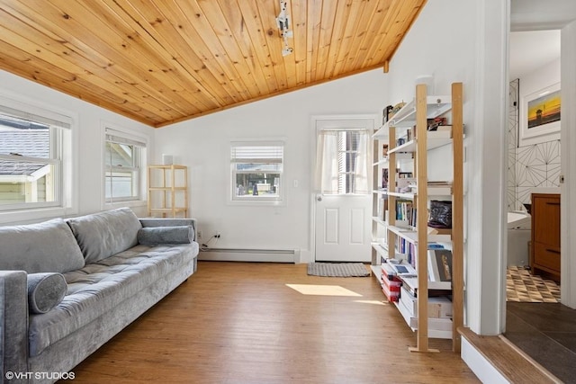 65 Union St, Beacon, NY 12508 - living area with a baseboard radiator, vaulted ceiling, plenty of natural light, wooden ceiling, and wood finished floors