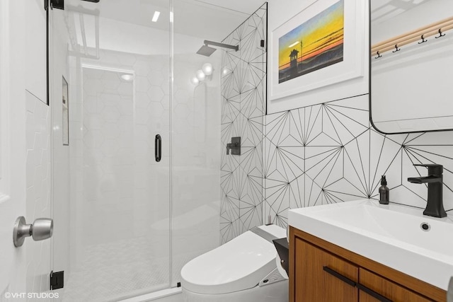 65 Union St, Beacon, NY 12508 - full bathroom featuring tile walls, a stall shower, and vanity