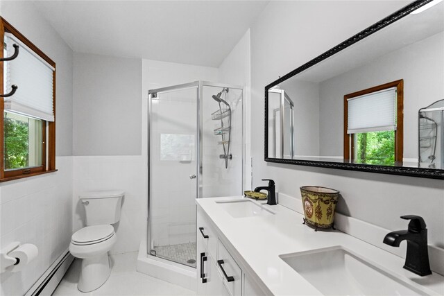5 Linda Ct, Oyster Bay, NY 11771 - full bathroom featuring a baseboard radiator, a shower stall, and double vanity