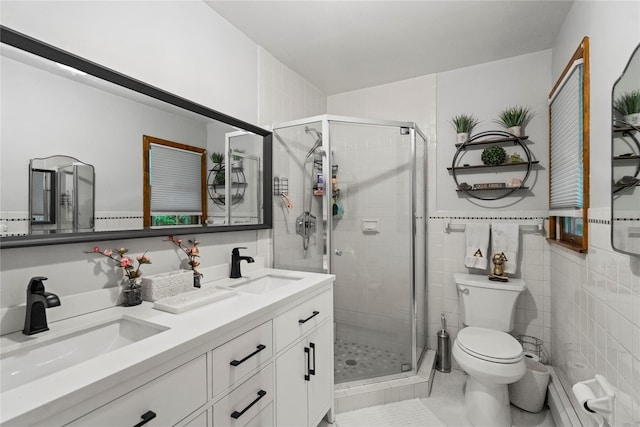 5 Linda Ct, Oyster Bay, NY 11771 - full bath featuring a stall shower, double vanity, tile patterned flooring, and tile walls