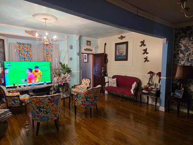 3318 104th St, Corona, NY 11368 - living room featuring crown molding, hardwood / wood-style flooring, and a chandelier