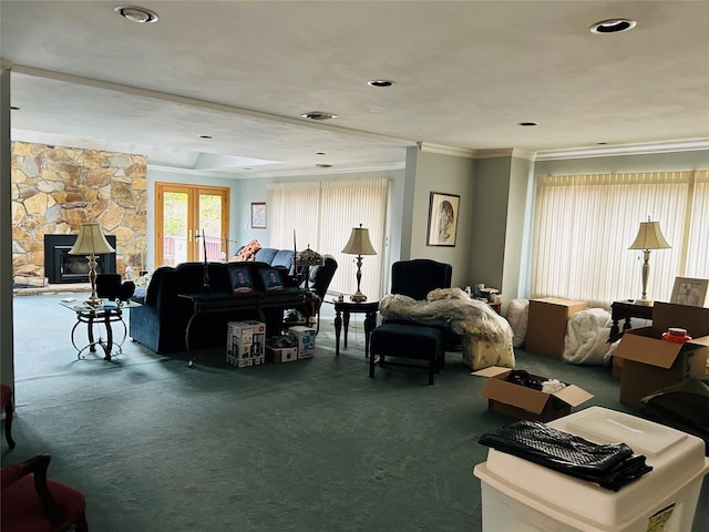 6 Cedarfield Ter, Setauket, NY 11780 - living area featuring carpet flooring, ornamental molding, and recessed lighting