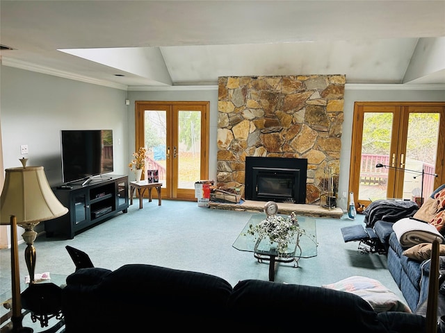 6 Cedarfield Ter, Setauket, NY 11780 - carpeted living room with french doors, crown molding, plenty of natural light, and a fireplace