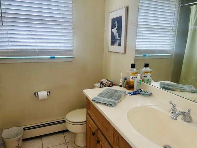 6 Cedarfield Ter, Setauket, NY 11780 - bathroom featuring baseboard heating, tile patterned flooring, vanity, and curtained shower