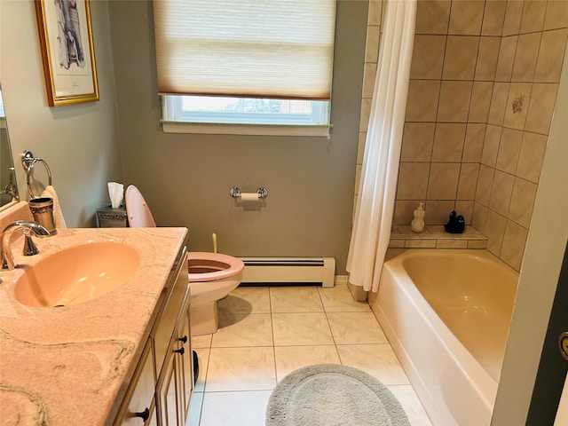6 Cedarfield Ter, Setauket, NY 11780 - full bathroom with baseboard heating, vanity, tile patterned floors, and shower / bath combo with shower curtain