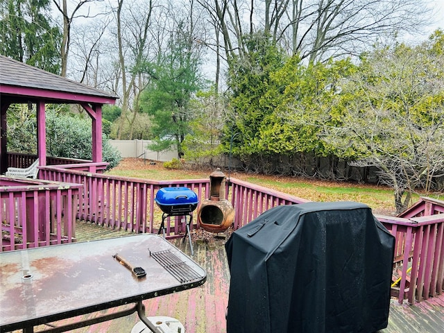 6 Cedarfield Ter, Setauket, NY 11780 - wooden terrace featuring area for grilling, a fenced backyard, and a gazebo
