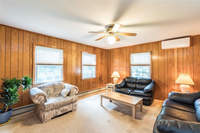4 Pasture Ln, Poughkeepsie, NY 12603 - living area featuring an AC wall unit, a baseboard radiator, plenty of natural light, and wooden walls
