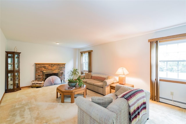4 Pasture Ln, Poughkeepsie, NY 12603 - carpeted living area featuring a baseboard radiator and a brick fireplace