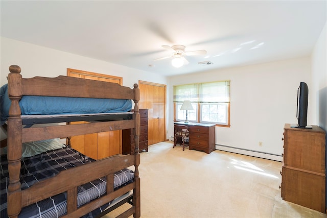 4 Pasture Ln, Poughkeepsie, NY 12603 - bedroom with a baseboard heating unit, light carpet, and ceiling fan