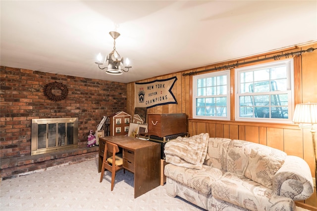 4 Pasture Ln, Poughkeepsie, NY 12603 - living room with a fireplace, a chandelier, and carpet floors