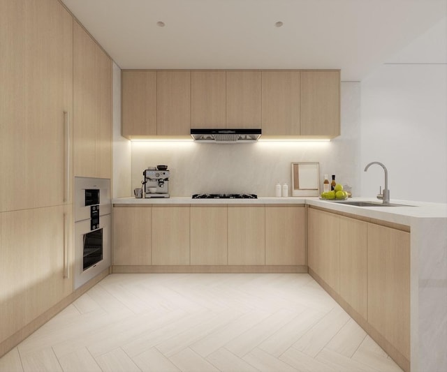 133-25 37th Ave Unit 5F, Flushing, NY 11354 - kitchen with light brown cabinetry, modern cabinets, and under cabinet range hood