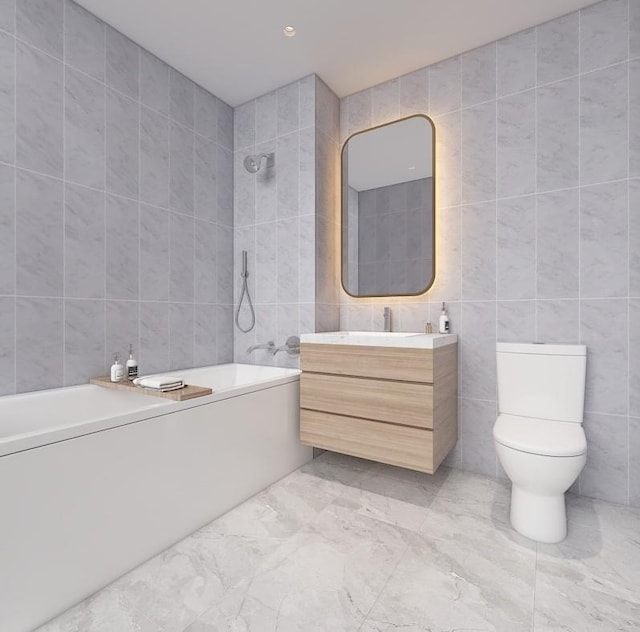 133-25 37th Ave Unit 3C, Flushing, NY 11354 - full bathroom with tile walls, vanity, shower / washtub combination, and marble finish floors