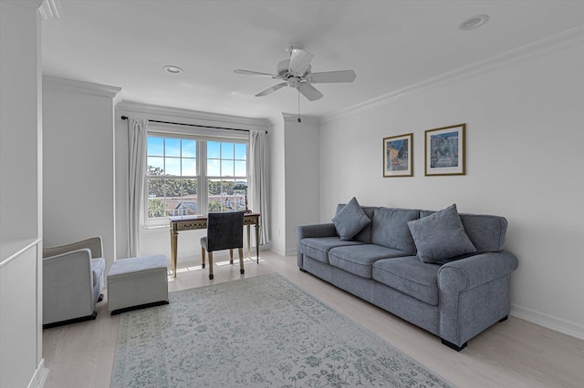 18 Tall Tree Cir, Jamesport, NY 11901 - living area featuring ceiling fan, light wood-style flooring, crown molding, and recessed lighting