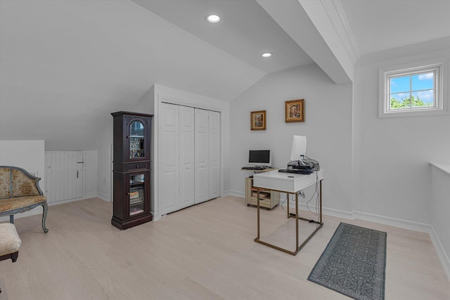 18 Tall Tree Cir, Jamesport, NY 11901 - home office with light wood-style flooring, lofted ceiling, recessed lighting, and ornamental molding