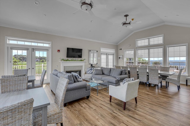 18 Tall Tree Cir, Jamesport, NY 11901 - living area with french doors, light wood-style flooring, ceiling fan, a glass covered fireplace, and high vaulted ceiling