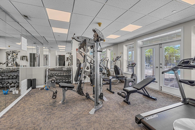 18 Tall Tree Cir, Jamesport, NY 11901 - gym with a drop ceiling, carpet, and french doors