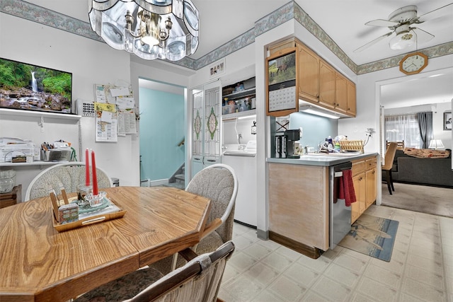 114 Halgren Cres, Haverstraw, NY 10927 - kitchen featuring washer / clothes dryer, dishwasher, light flooring, a ceiling fan, and light countertops
