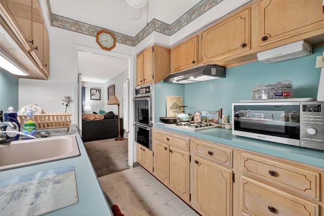 114 Halgren Cres, Haverstraw, NY 10927 - kitchen with under cabinet range hood, stainless steel double oven, white stovetop, and light brown cabinets