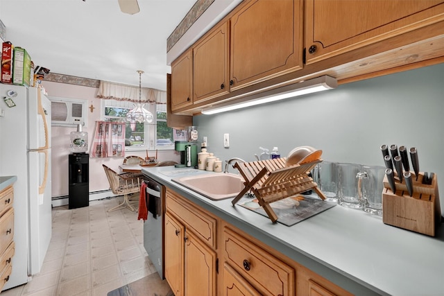 114 Halgren Cres, Haverstraw, NY 10927 - kitchen featuring freestanding refrigerator, dishwasher, baseboard heating, light floors, and a wall mounted air conditioner