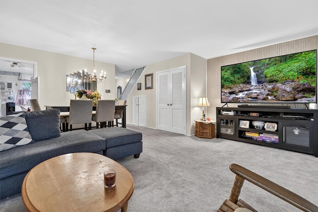 114 Halgren Cres, Haverstraw, NY 10927 - carpeted living area with stairway and a chandelier