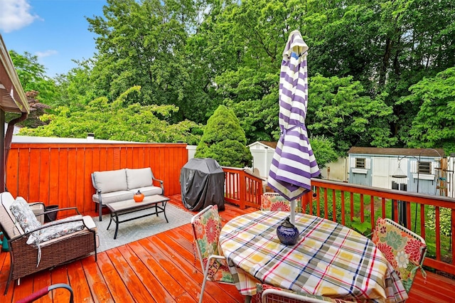 114 Halgren Cres, Haverstraw, NY 10927 - wooden deck featuring an outdoor hangout area, a grill, outdoor dining space, and a storage shed
