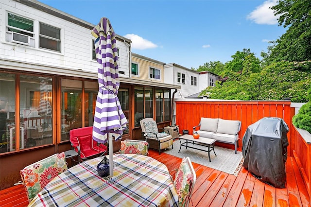 114 Halgren Cres, Haverstraw, NY 10927 - wooden terrace featuring outdoor lounge area, grilling area, outdoor dining space, a sunroom, and cooling unit