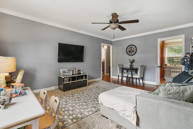 520 Tuckahoe Rd Unit 3B, Yonkers, NY 10710 - living area with radiator heating unit, a ceiling fan, ornamental molding, and wood finished floors