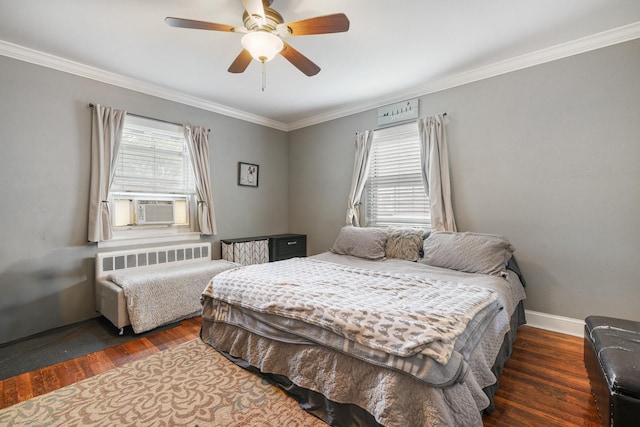 520 Tuckahoe Rd Unit 3B, Yonkers, NY 10710 - bedroom featuring radiator heating unit, wood finished floors, cooling unit, crown molding, and ceiling fan