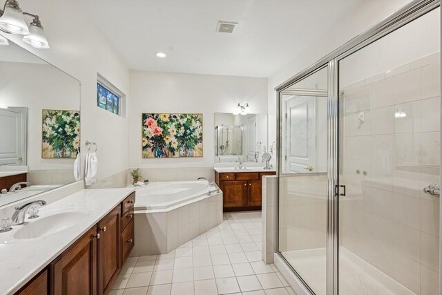 15 Louden Loop, Mount Sinai, NY 11766 - full bath with two vanities, a stall shower, a bath, and tile patterned flooring