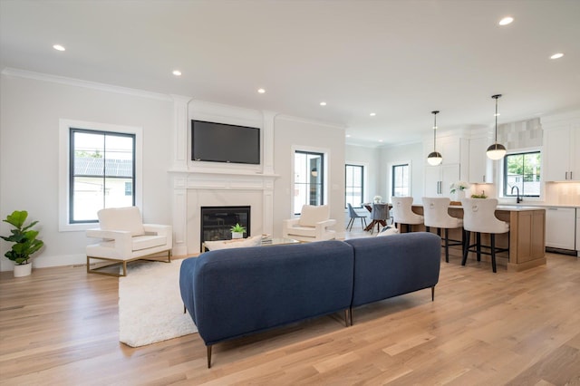 724 Pleasant Ave, Westbury, NY 11590 - living room featuring a high end fireplace, light wood-style flooring, crown molding, and recessed lighting