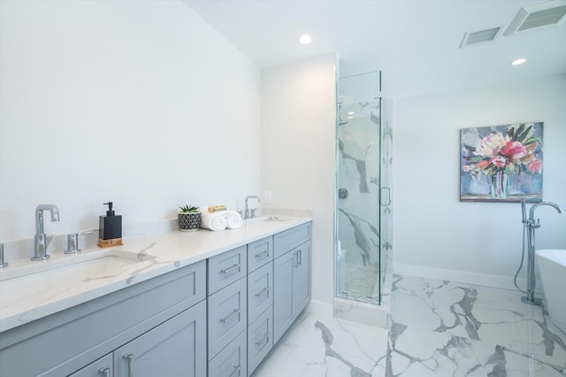 724 Pleasant Ave, Westbury, NY 11590 - bathroom with a marble finish shower, a freestanding bath, marble look tile flooring, double vanity, and recessed lighting