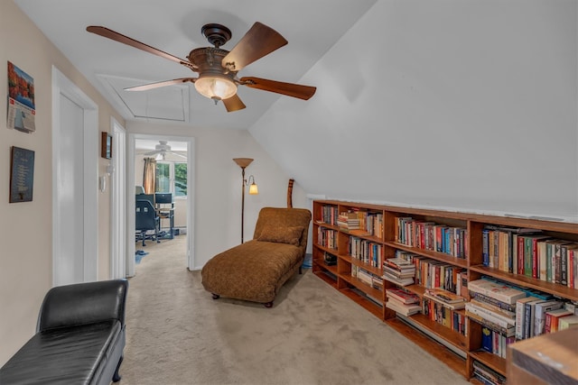 41 Tyler Ave, Sound Beach, NY 11789 - sitting room with a ceiling fan, attic access, carpet flooring, and lofted ceiling