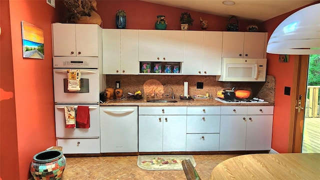 27 Maiden Ln, New City, NY 10956 - kitchen featuring white appliances, decorative backsplash, vaulted ceiling, open shelves, and white cabinets