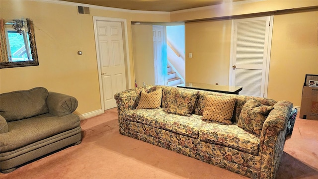 27 Maiden Ln, New City, NY 10956 - carpeted living room with stairs and ornamental molding