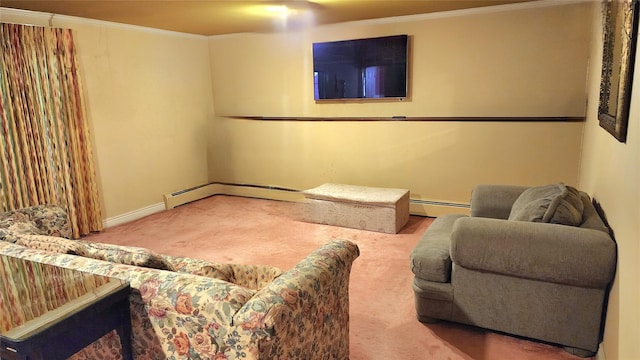 27 Maiden Ln, New City, NY 10956 - living area featuring carpet flooring, ornamental molding, and a baseboard heating unit