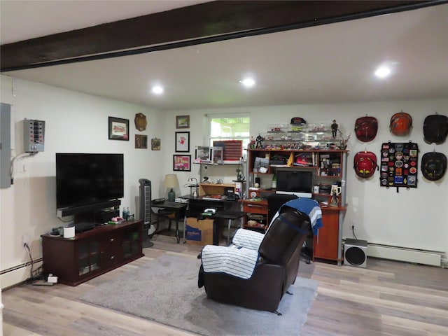 4 St Michaels Ln, Walden, NY 12586 - living area featuring a baseboard radiator, wood finished floors, recessed lighting, beamed ceiling, and an office area