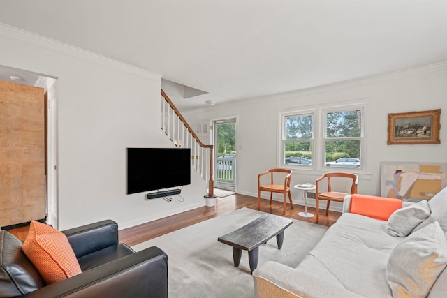 42 Valley Ave, Locust Valley, NY 11560 - living room with ornamental molding, stairway, and wood finished floors
