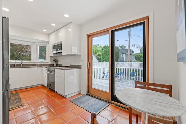 42 Valley Ave, Locust Valley, NY 11560 - kitchen featuring stainless steel appliances, healthy amount of natural light, white cabinetry, light tile patterned floors, and recessed lighting