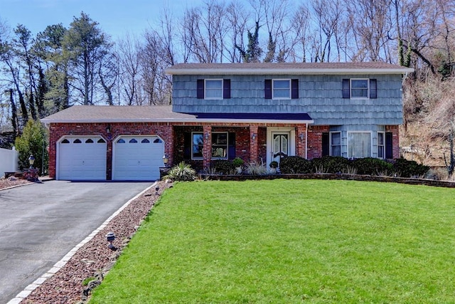 3 New Jersey Ct, Dix Hills, NY 11746 - colonial house with asphalt driveway, an attached garage, a front lawn, brick siding, and a shingled roof