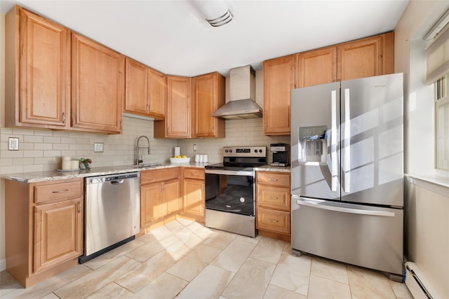 1840 Crompond Rd Unit 7D8, Peekskill, NY 10566 - kitchen with appliances with stainless steel finishes, wall chimney range hood, tasteful backsplash, and a baseboard radiator