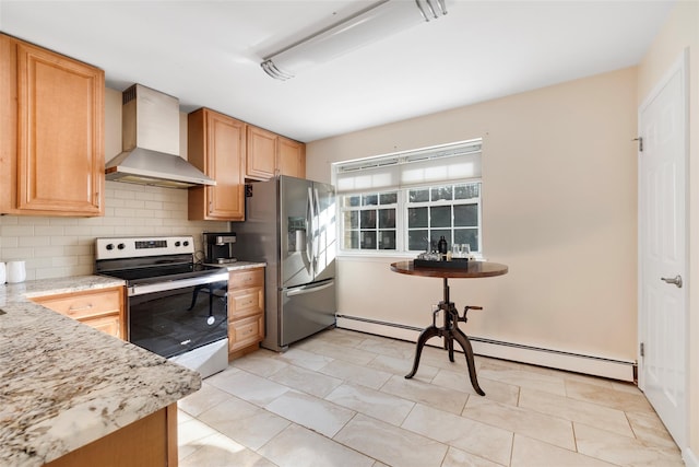 1840 Crompond Rd Unit 7D8, Peekskill, NY 10566 - kitchen with appliances with stainless steel finishes, wall chimney range hood, baseboard heating, backsplash, and light tile patterned floors