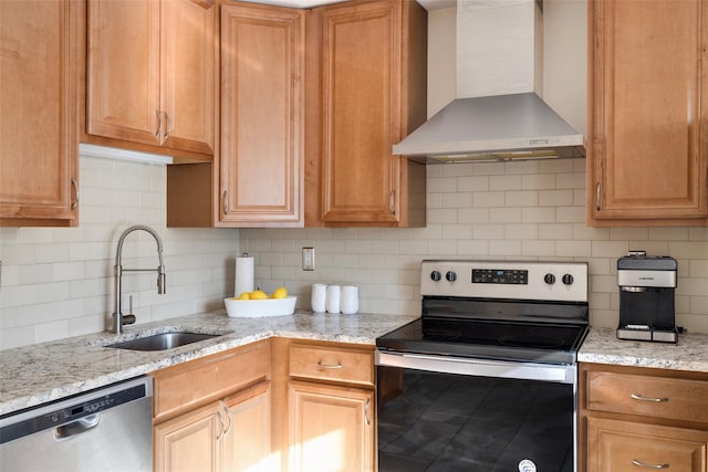 1840 Crompond Rd Unit 7D8, Peekskill, NY 10566 - kitchen with stainless steel appliances, wall chimney exhaust hood, decorative backsplash, and light stone counters