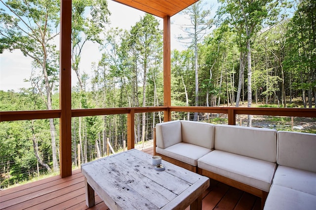 224 Upper Lumber Rd, Glen Spey, NY 12737 - wooden deck with outdoor lounge area and a view of trees
