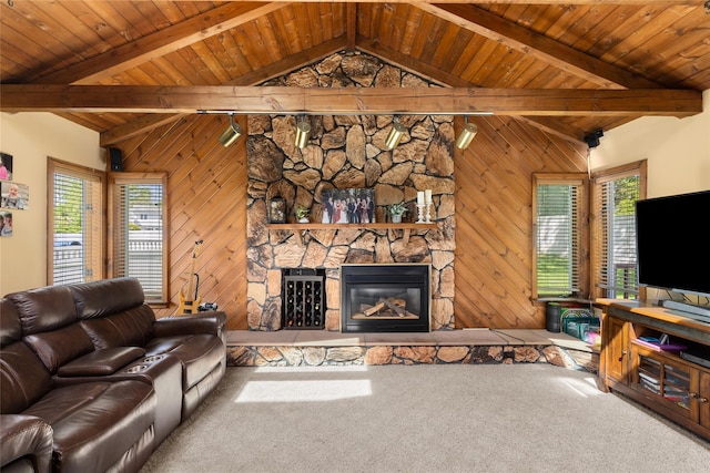 7 Garnet Ln, Plainview, NY 11803 - carpeted living room featuring a fireplace, wooden walls, and wood ceiling