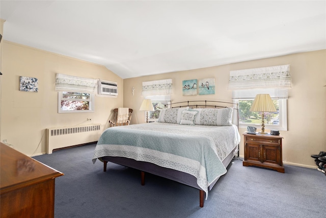 7 Garnet Ln, Plainview, NY 11803 - carpeted bedroom featuring radiator heating unit, a wall unit AC, and vaulted ceiling