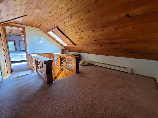 1485 Briscoe Rd, Swan Lake, NY 12783 - additional living space featuring a baseboard radiator, vaulted ceiling, carpet flooring, a skylight, and wooden ceiling