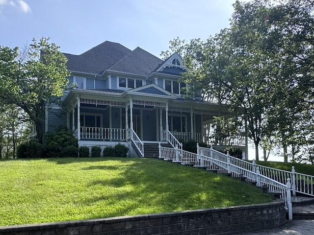 25 Lake Gilead Rd, Carmel, NY 10512 - view of front facade with stairs, a front lawn, covered porch, and a shingled roof