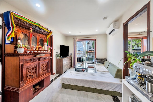 7425 43rd Ave Unit 2A, Elmhurst, NY 11373 - bedroom featuring a wall unit AC, marble finish floors, and recessed lighting