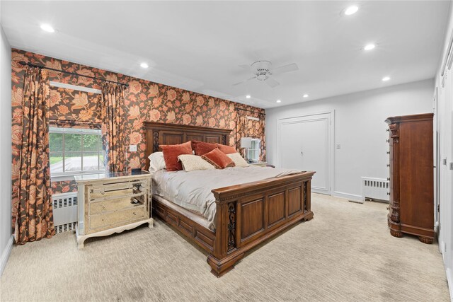 156 Lefferts Rd, Woodmere, NY 11598 - bedroom featuring radiator heating unit, recessed lighting, light carpet, and ceiling fan
