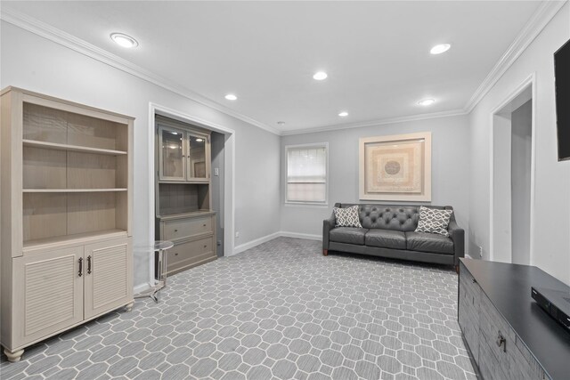 156 Lefferts Rd, Woodmere, NY 11598 - living room featuring ornamental molding, recessed lighting, and built in shelves